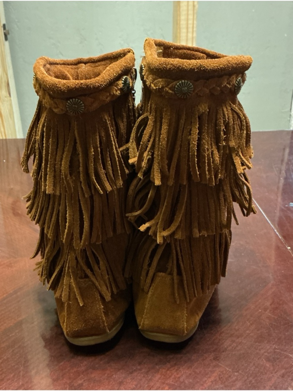 Minnetonka Brown Suede Fringe 3 layer Moccasin Boots Sz 7. 1077 - Picture 6 of 15